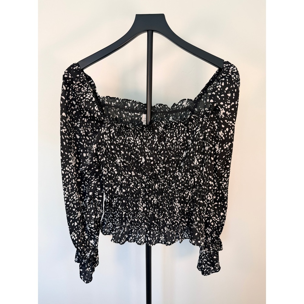 A New Day Womens Black White Abstract Print Smocked Long Sleeve Blouse Size M